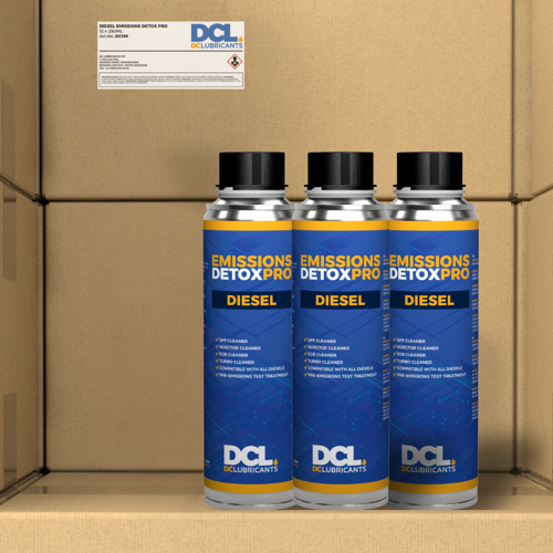 DC Lubricants EMISSIONS DETOX PRO Diesel product bottle with a blue and yellow label, highlighting its functions as a cleaner for DPF, injectors, EGR, turbo, and a pre-emissions test treatment.