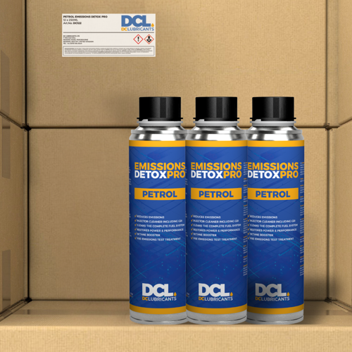 DC Lubricants EMISSIONS DETOX PRO Petrol product bottle featuring a blue and green label that highlights its capabilities, including cleaning injectors, valves, and combustion chambers, as well as being a pre-emissions test treatment.