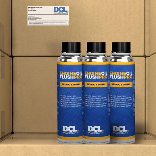 DC Lubricants Engine Oil Flush PRO bottle designed for petrol and diesel engines, featuring a red and blue label with highlights of its purpose to remove sludge, deposits, and contaminants, ensuring a cleaner engine and improved performance.